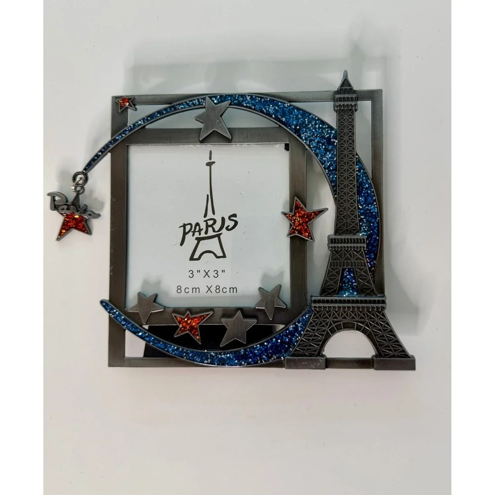 Paris Eiffel Tower Picture Frame Metal 3x3 Blue Glitter Star Souvenir Decor